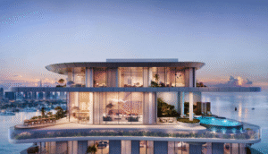 Top floors of a luxury building with a rooftop pool and city/sea views
